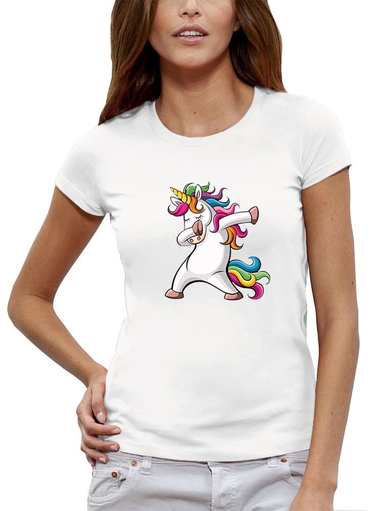 T-shirt pour femme Motif licorne arc-en-ciel Blanc